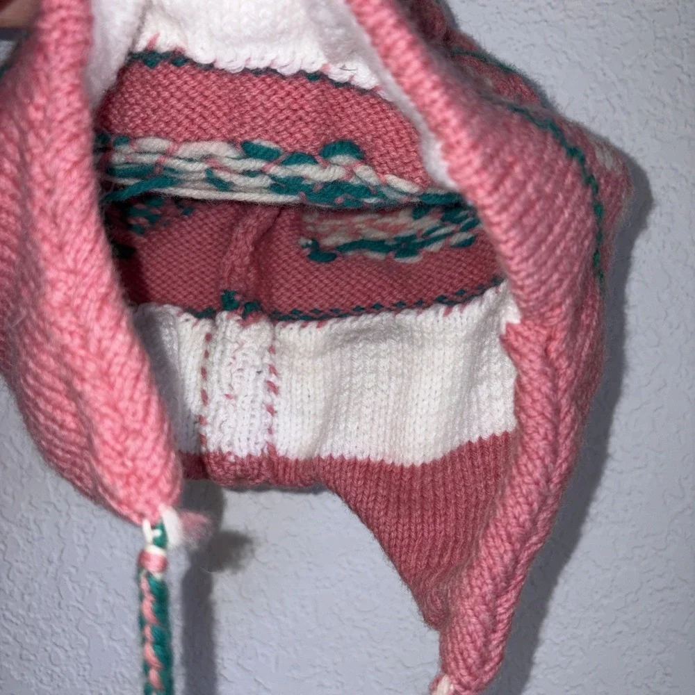Cottagecore Wool Heart Side Tie Pink Beanie Cute Coquette Ski Hat Handmade